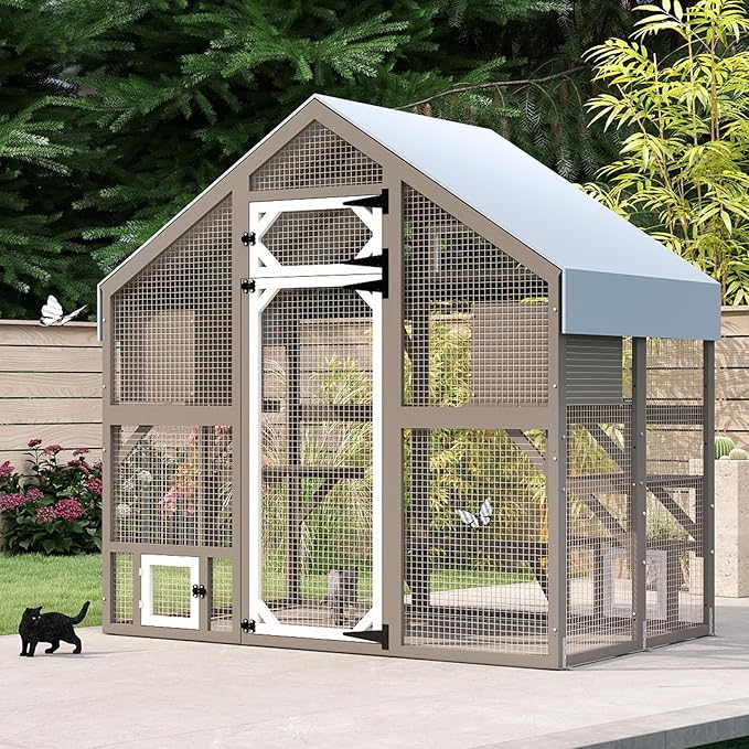71" H Catio Outdoor Cat Enclosure Weatherproof, Large Walk-in Catio Cat Patio Attached Window for Multiple Cats, Waterproof Kitty Enclosure Outside with 2 Condos, 6 Platforms