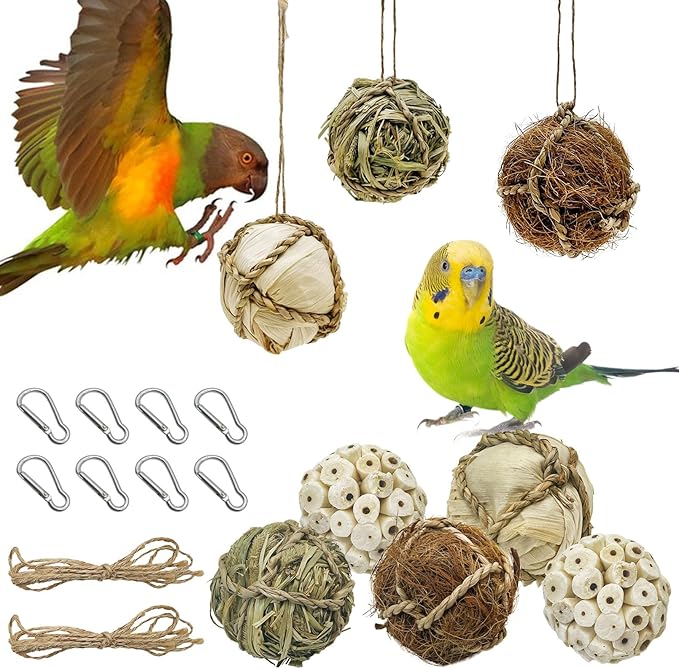 BNOSDM 8PCS Natural Bird Chew Toys Lightweight Conure Foot Toy Sola Balls Shred Toy Interactive Parrot Foraging Toys Bird Chew Balls with Hemp Rope Hook for Budgies Cockatiels Parakeets Senegal
