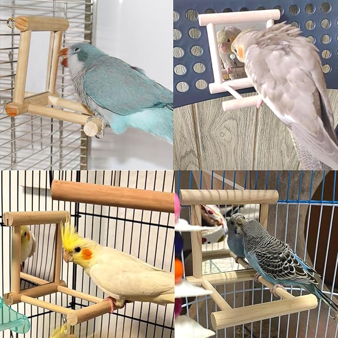 2Pcs Bird Mirror Parakeet Mirror Perch Stand Wooden Swing Mirror Toy Cage Accessories for Parrots Budgies Parakeets Cockatiels Lovebirds Finches