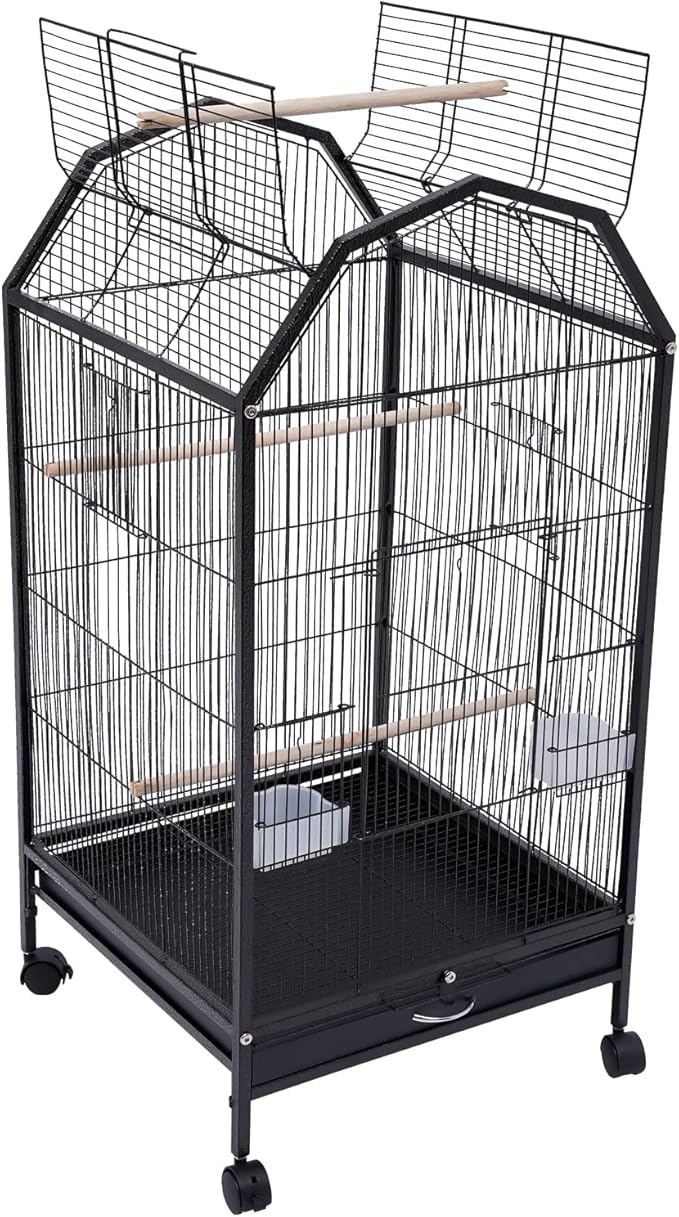 40 Inch Play Open Top Big Bird Cage with Food & Water Bowls Parakeet Bird Cage with Stand, Wheels Metal Birdcage Parrot Cage for Parakeet, Lovebirds, Ringneck, Cockatiels (Black, Open Top)
