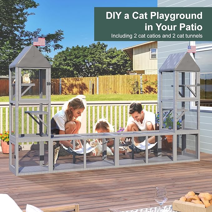 Cat Catio with Tunnel, 2 in 1 Outdoor Cat Enclosure Include 1 Catio and 1 Tunnel, Cats Enclosure with Kitten Hammock and Waterproof Cover, Indoor Outdoor Cats Cage Playground with 2 Door