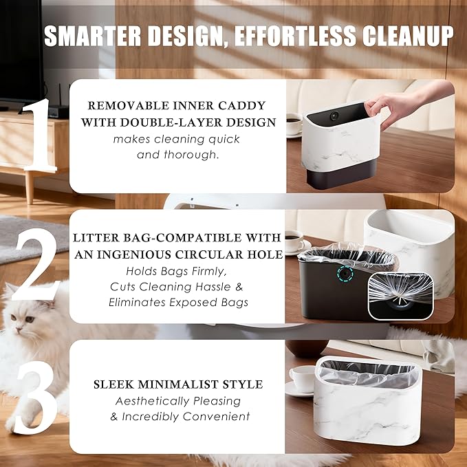 Cat Litter Scoop Holder – Universal Marble-Textured Scoop Caddy with Built-In Bag Dispenser & Wide-Mouth Bucket, Includes 4 Rolls Waste Bags & Removable Scoop Stand for Most Metal/Plastic Scoops