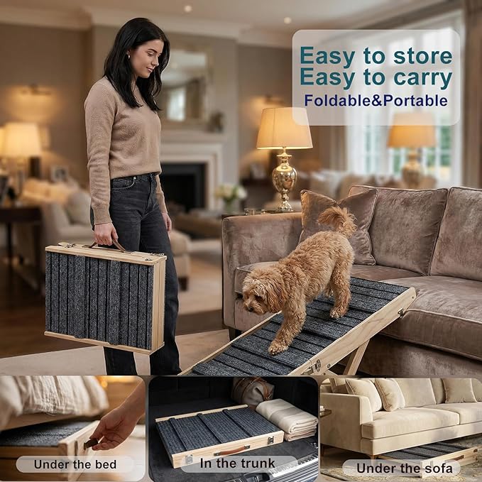 Dog Ramp for Couch, Foldable Small Dog Ramp for Low Bed, 4 Adjustable Height from 9‘‘ to 17.7“, Portable Stable Pet Steps with Non-Slip Pad, Pet Ramps Use for Sofa Couch Stairs