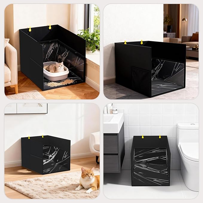 Aokeyee Waterproof Cat Litter Box Enclosure Splash Guard with Removable PVC Mat, Foldable Black Pet Litter Box Shield with 2 Hooks