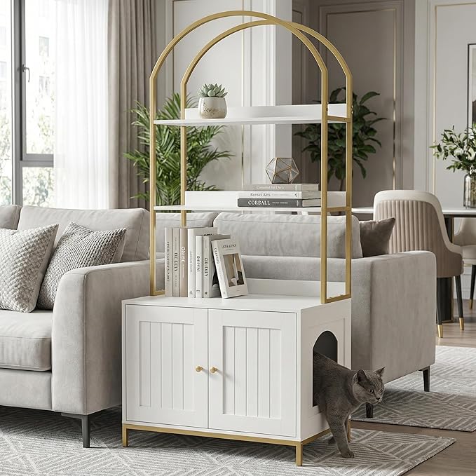 Homhedy Cat Litter Box Enclosure, Litter Box Furniture Hidden with 2-Tier Storage Shelves, Wooden Cat Washroom Furniture with Metal Frame, Modern Style, White and Gold