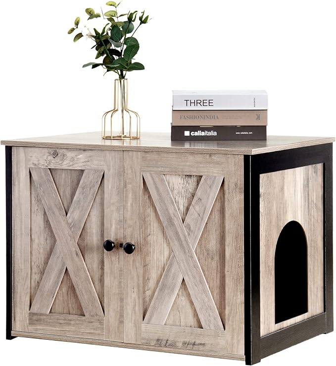 Dwanton Litter Box Enclosure, Cat Litter Box Furniture Hidden, Reversible Entrance Can Be on Left or Right Side, Wooden Cat Washroom Indoor, Greige, 27.6 Inches