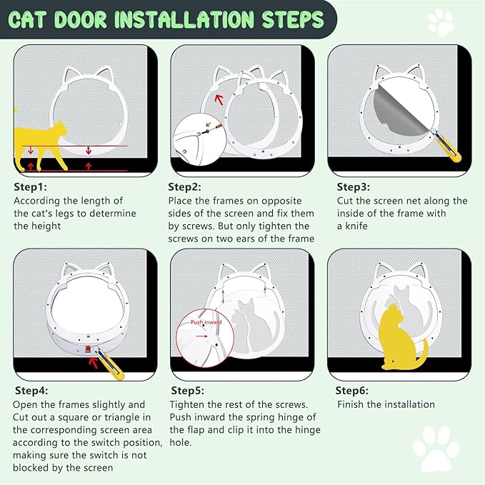 Cat Door for Screen Door, Cat Doors with Lockable Magnetic Flap, Inside Openning 10x10x0.5 inch, Pet Screen Doors Built-in for Puppy, Cats Up to 20 lbs, Equipped with Installation Tools, White