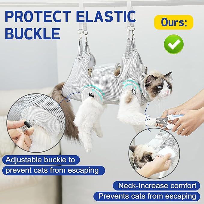 Supet Cat Grooming Hammock Harness for Nail Trimming, Cat Grooming Hanging Sling for Nail Clipping, Pet Restraint Holder for Cutting Nails, Medicine, Ear & Teeth Cleaning, Eye Care (Grey M)