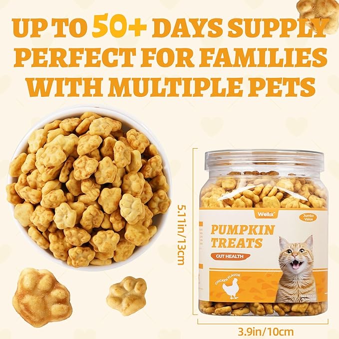 Wellix 13.05oz Healthy Cat Treats Pumpkin Flavor - Chicken Formula Stomach Sensitive Kitten Snacks for Digestive Support - Cat Constipation Relief Low Calorie Food Topper for Cats
