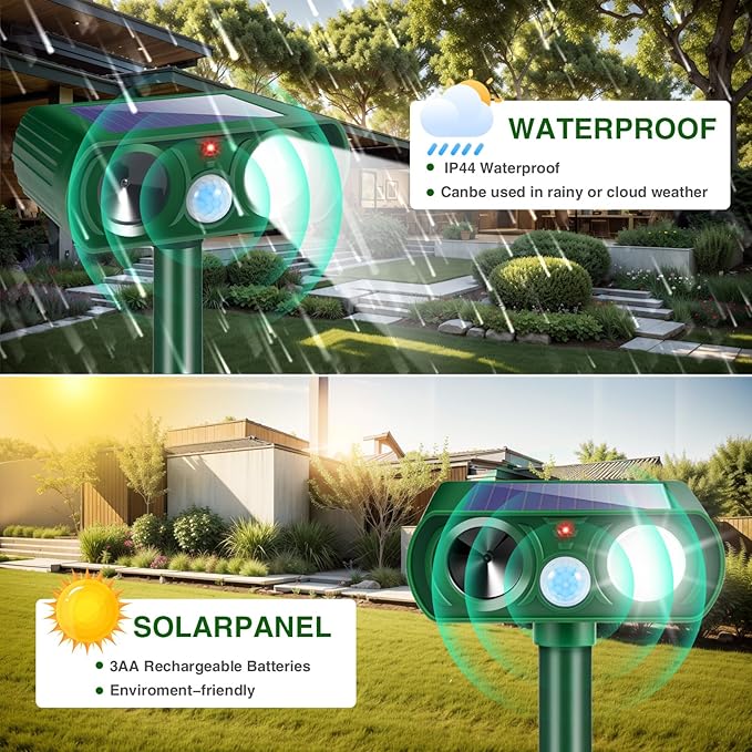 2026 Cat Repellent Outdoor Solar Ultrasonic Animal Repellent Outdoor with Motion Activated Deterrent&LED Flash Lights Deer Repellent Devices to Scare Squirrel Rabbit Raccoon Skunk for Yard Lawn(2Pack)