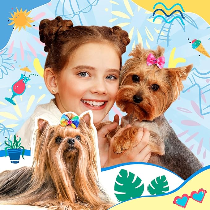 Tondiamo 100 Pack Tie Dye Dog Hair Bows for Dogs Spring Dog Hair Bows with Rubber Bands Puppy Rhinestone Grooming Dog Hair Accessories for Small Girl Dogs
