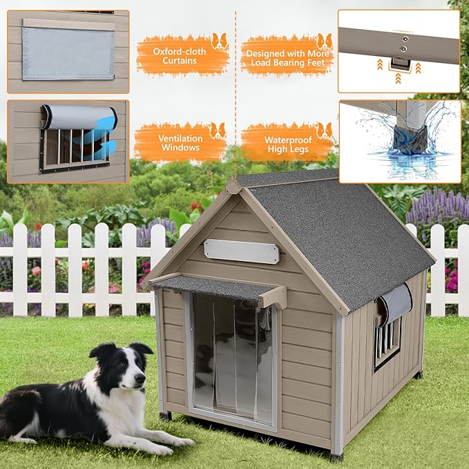 Large Dog House Outdoor with Window, Wooden Outdoor Dog House Kennel with Chew-Proof Iron Frame, Waterproof Roof, Doghouse Puppy Shelter for Dogs, 37.4''W x 30.5'L'x 39.3''H