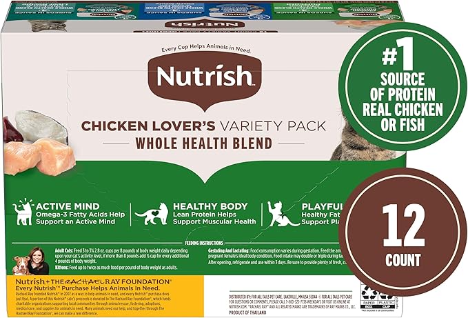 Nutrish Grain Free Chicken Lover's Whole Health Blend Variety Pack Wet Cat Food, 2.8 oz. Cup, 12 Count (Rachael Ray)
