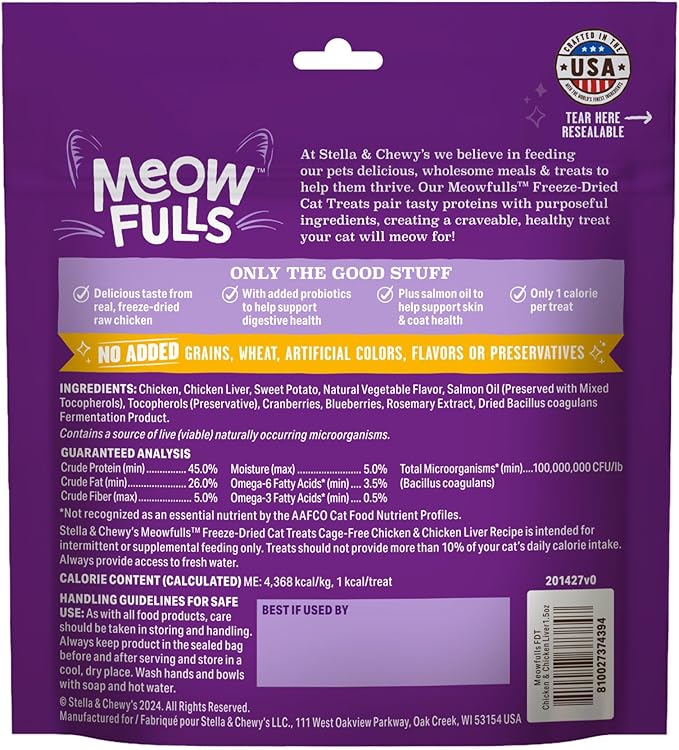 Stella & Chewy's Meowfulls Freeze Dried Cat Treats - Chicken & Chicken Liver Recipe - Raw Protein with Probiotics & Salmon Oil - 1 Calorie Per Treat - 1.5 oz