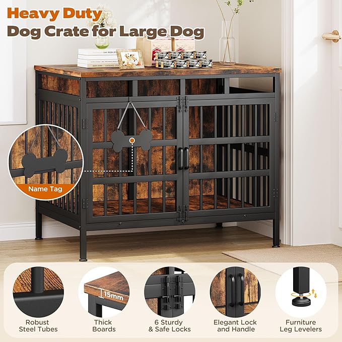 Large Dog Crate Furniture, Wooden Dog Kennel Furniture for Medium Large Dogs, Double-Doors Sturdy Metal Dog Cage for Anxiety Dog, Anti Escape Wooden Cage with Name Tag End Table, TV Stand Brown