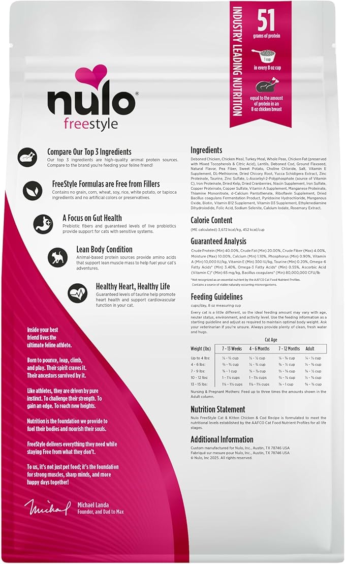 Nulo Freestyle Cat & Kitten Dry Food - Chicken & Cod Recipe, High Protein Grain Free Cat Food, Natural Kibble with Probiotics & Omega Fatty Acids, 4lb Bag