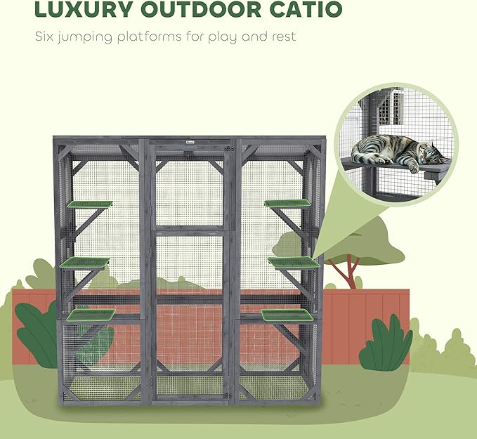 PawHut Catio Outdoor Cat Enclosure, Large Wooden Cat House with 6 Jumping Platforms, Weatherproof Roof, Outdoor Cat Cage Cat Shelter for 1-3 Cats, 59" x 28" x 60", Gray