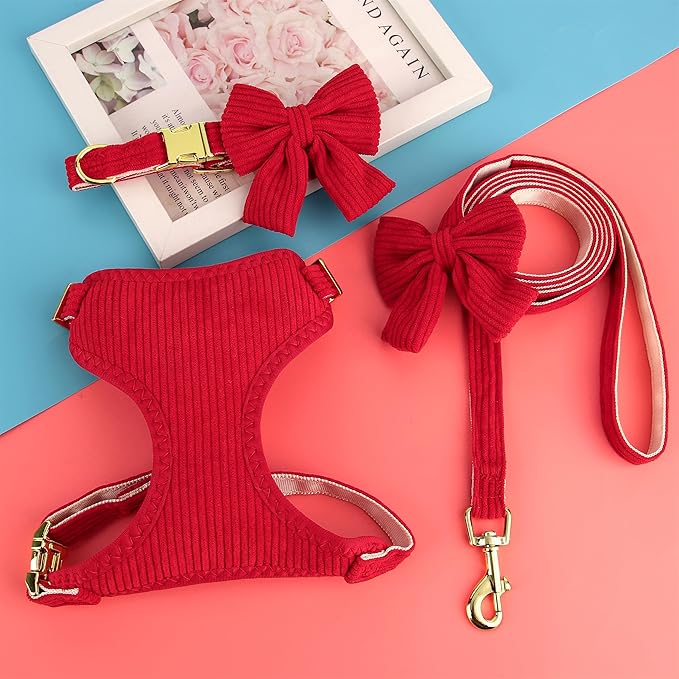 Didog Cute Small Dog Harness Collar and Leash Set with Bowtie, Breathable Soft Mesh Padded Puppy Harness, Christmas Dog Harness for for Parties, Holiday Gatherings & Gifts, Red, M