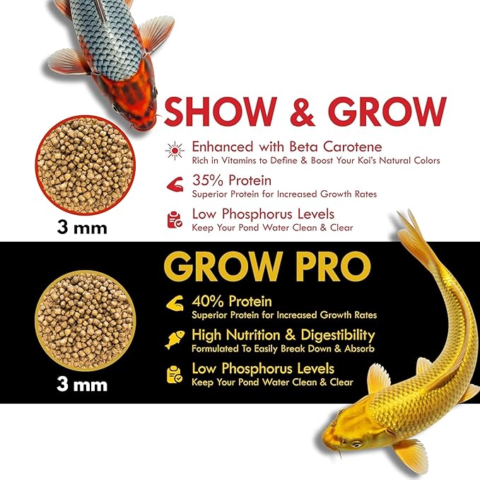 HALF OFF PONDS Show & Grow Koi Fish Food - 50 lb Floating Pellets, 3mm Size - Goldfish Food for Ponds - 35% Protein with Beta Carotene & Vitamins - Enhances Color Vibrancy & Body Definition