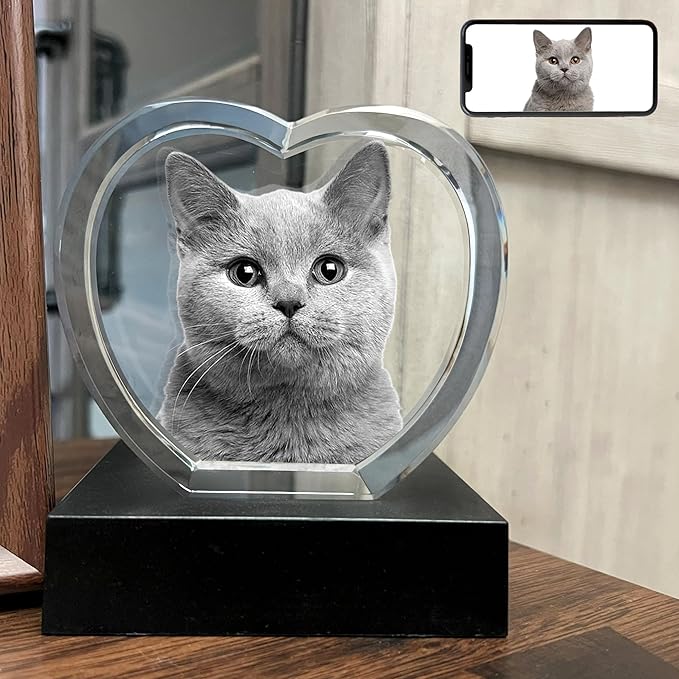 Dog Memorial Gifts for Pet Loss – Personalized Crystal Photo for Dogs & Cats, Custom Laser Etched Crystal (Heart Shape, Small Size)