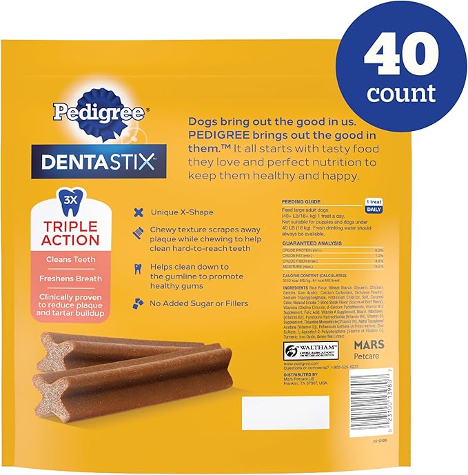 Pedigree Dentastix Dog Dental Treats, Large Breed Dog Treats, Beef Flavor, 2.08 lb. Bag (40 Treats Total)