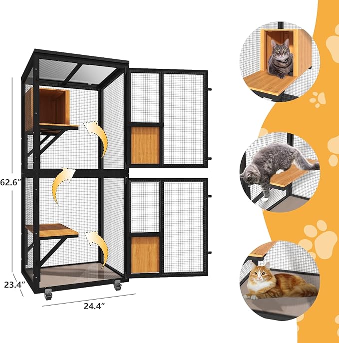2 in 1 Catio Outdoor Cat Enclosure, 4 Tier Outdoor Cats House with 4 Wheels, Cat Enclosure Window Access with Removable Floor, Upgraded Resting Box, Waterproof Roof, Indoor Pet Cage, Black