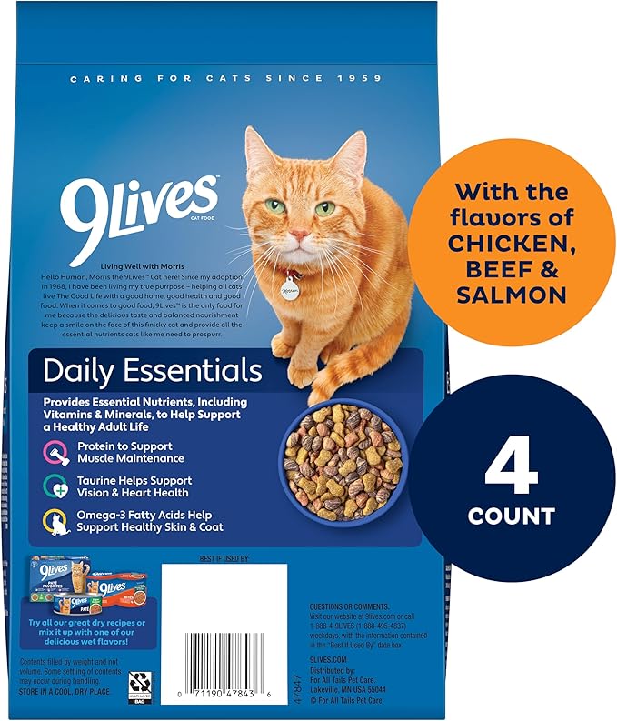 9Lives Daily Essentials Dry Cat Food for Adult Cats with Chicken, Beef & Salmon Flavors, 3.15 lb. Bag (Pack of 4)