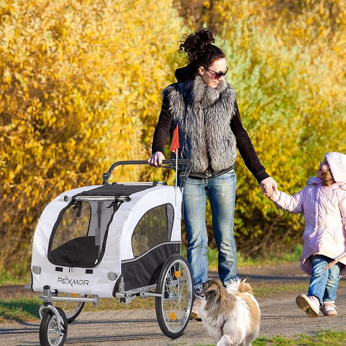 PEXMOR 2-in-1 Dog Bike Trailer & Stroller, Universal Hitch, Pet Cart Bike Wagon Cargo Carrier with Shock Absorber & Universal Wheel