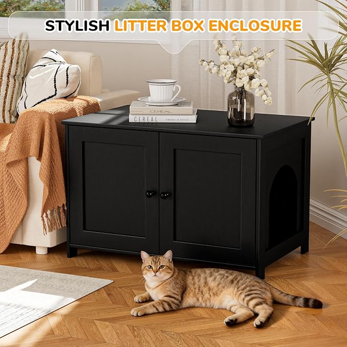 Cat Litter Box Enclosure Furniture Dog Proof, Hidden Kitty Washroom Cabinet Low Entry, Wooden Cat Boxes Enclosure Odor Control for Home, Farmhouse Style Decorative TV Stand with Storage, Black