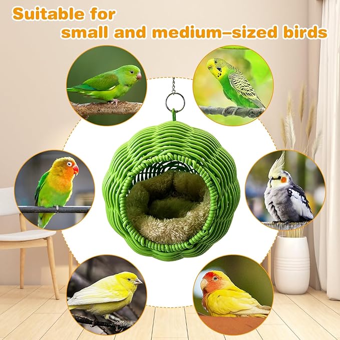 Rattan Birds Nest for Cage Hanging Parakeet House Chewproof Parrot Breeding Bed Small Budgies Hideout Swing Hut Bird Cage Accessories for Lovebirds Cockatiel Conure Finch Canary (Green)
