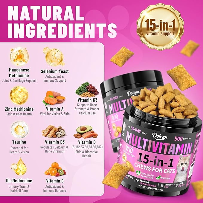 Taurine for Cats Vitamins Treats, 15 in 1 Cat Multivitamin Support Skin, Joint, Digestion & Immune Supplement, 500 Crunchy & Creamy Chews with Essential Vitamins for Cats of All Ages (90-Day Supply)