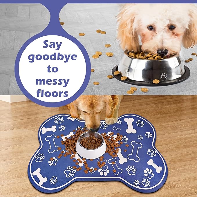 Dog Cat Mat for Food and Water,Rapid Absorbent Pet Feeding Mat, Bone Shaped Dog Placemat Bowl Mat with Rubber Backing,No Stains Pet Food Mats Indoor, Pet Accessories Supplies,Blue 12"×18"