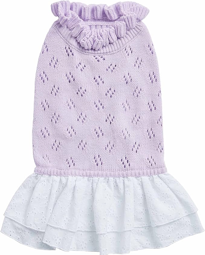 Blueberry Pet My Cutie Princess Ruffle Collar Dog Sweater Dress with Guipure Lace, Light Lavender, Back Length 10", Fall Winter Clothes for Girl Dogs