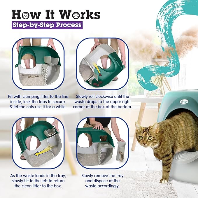 Omega Paw VMRA20-1-PR Premium Roll 'N Clean Large Self Cleaning Litter Box with Integrated Litter Step and Unique Sifting Grill, Forest Green