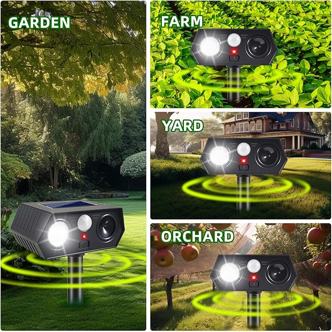2026 Solar Ultrasonic Animal Repellent Outdoor, Deer Cat & Dog Deterrent, Motion Sensor Rabbit Squirrel Raccoon Skunk Repeller with LED Flash for Yard, Solar Scare Devices (4 Pack)