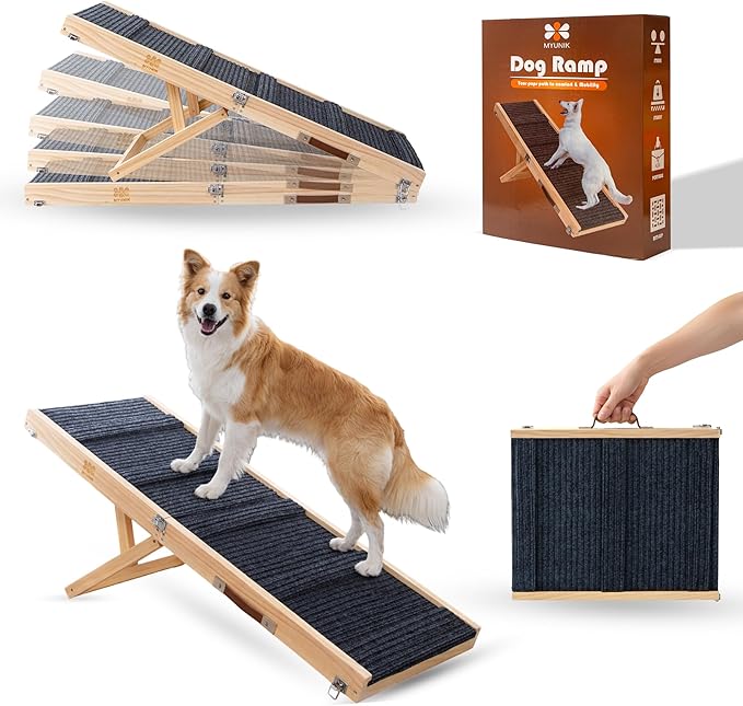 Adjustable Dog Ramp for Bed & Couch, 40.5 Inches Solid Wood Foldable Pet Ramp for All Dogs, Dog Bed Ramp with 5 Heights 10–24 Inches