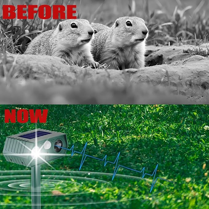 Solar Animal Repellent Outdoor, Deer Repellent, Squirrel Repellent, Ultrasonic Mouse Repellent,Cat Repellent Outdoor Etc,Devices Motion Detection Waterproof with LED Flash Lights for Yard Farm Garden