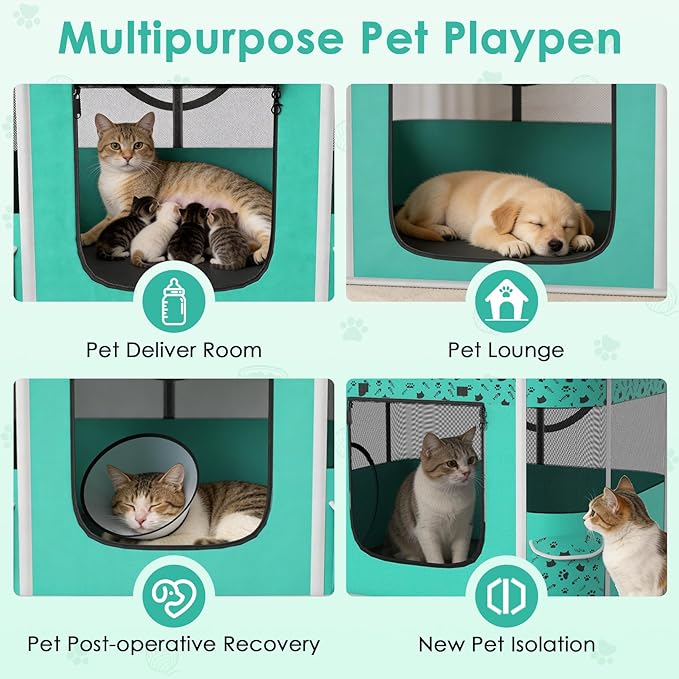 Cat Playpen - Portable Dog Playpen with Litter Box, Foldable Soft Dog Crate for Indoor/Outdoor, Pop Up Cat Enclosure, Collapsible Puppy Kitten Rabbit Cage Tent，3-Room