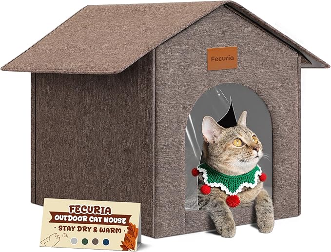 Outdoor Cat House Weatherproof, Insulated Cat Dog Houses for Outdoor/Indoor Cats for Winter, Waterproof Feral Stray Cat Shelter with Door Curtain and Warm Cushion, Easy to Assemble, Brown
