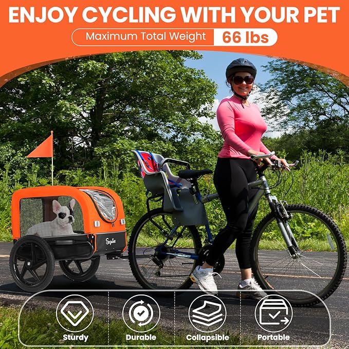 Sepnine Dog Bike Trailer, Dog Cart for Bicycle, Suitable for Small and Medium Pets, Easy Folding Cart Frame, Quick Release Wheel, Non-Slip Floor, Internal Leash, 66LBS Orange