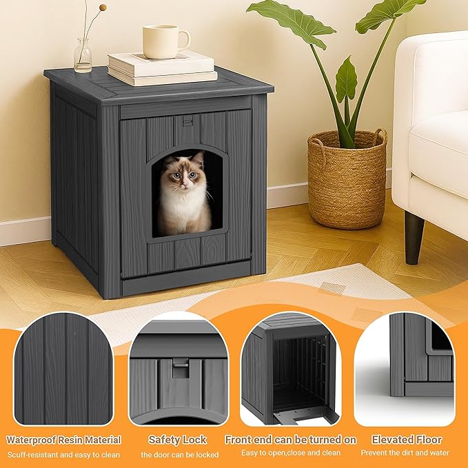 DRATO Outdoor Cat House -Weatherproof Resin Cat Houses for Cats, Durable, Easy Assembly,cat Igloo Outdoor，Durable & Insulated Shelter for Garden, Patio, or Backyard（Black，18.46 * 23.62 * 21.42）