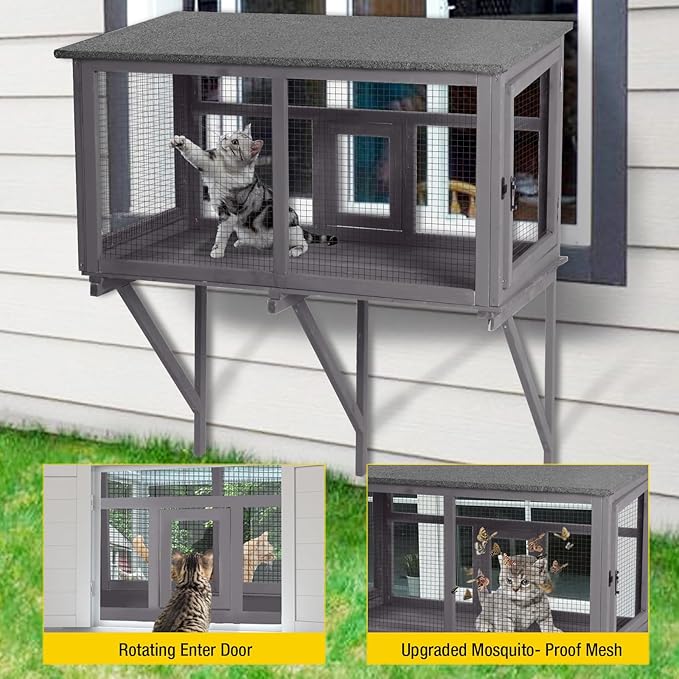Aivituvin Catio Outdoor Cat Enclosure, Cat Window Box for 1-2 Cats with Weatherproof Asphalt Roof & Lockable Door, Expendable Secure Window Perch House for Large Outdoor Cats