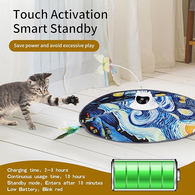 Interactive Automatic Rechargeable Cat Toy – Touch Sensor – Fluttering Butterfly, Feather Wand & Hide and Seek – 360° Random Rotation – Starry Night Design with Remote Control
