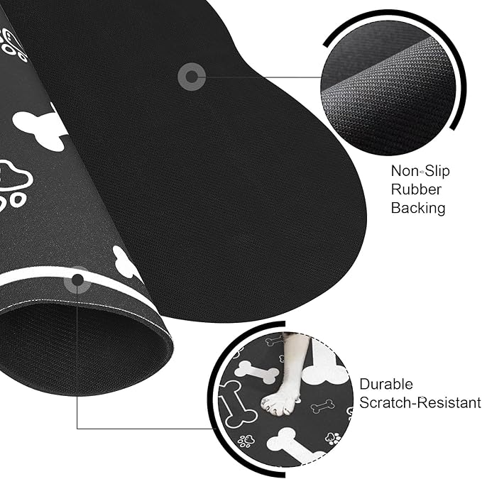 Dog Cat Food Mat,Rapid Absorbent Pet Feeding Mat, Bone Shaped Dog Placemat Water Bowl Mat with Rubber Backing,No Stains Dog Cat Food Mats Indoor, Pet Accessories Supplies 16"×24" Black