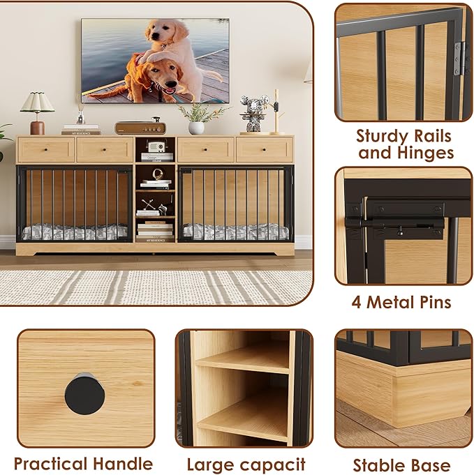 GAOMON Dog Crate Furniture for 2 Dogs, 82'' Large Dog Kennel Indoor with 4 Storage Drawers and 4 Shelves, Double Dog Crate TV Stand for Medium and Large Dogs, Natural
