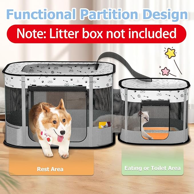 Portable Cat Playpen, Foldable Pet Dog Playpen, for Kitten Puppy Play Pen Indoor/Outdoor, Cats Enclosure Cages Tent with Carrying Case, 600D Oxford 8-Rods, 32"x24"x22", Grey