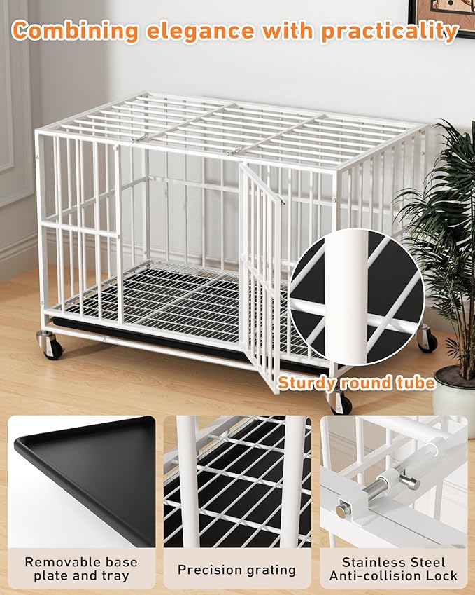 White 48 Inch Heavy Duty Dog Crate with Double Doors and Lockable Wheels, Large Dog Kennel Indoor, Removable Tray for Easy Cleaning, Dog Cage for Medium to Large Breeds and High Anxious Dogs