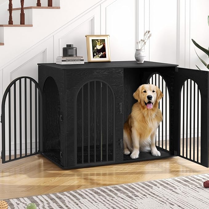 44.1" Wooden Dog Crate Furniture, Indoor Dog Kennel Dogs Cage for Small/Medium/Large Dogs, Heavy Duty Dog Crates Decorative Pet House End Side Table TV Stand, Black DFC83904B