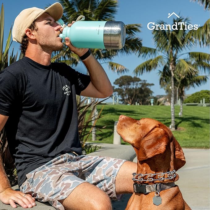 GrandTies Insulated Portable Dog Water Bottle with 2 Detachable Water Bowl Dispenser | Leak-Proof Dog Food Travel Container | Accessories for Dogs Walking, Hiking, Camping (64oz, Powder Green)