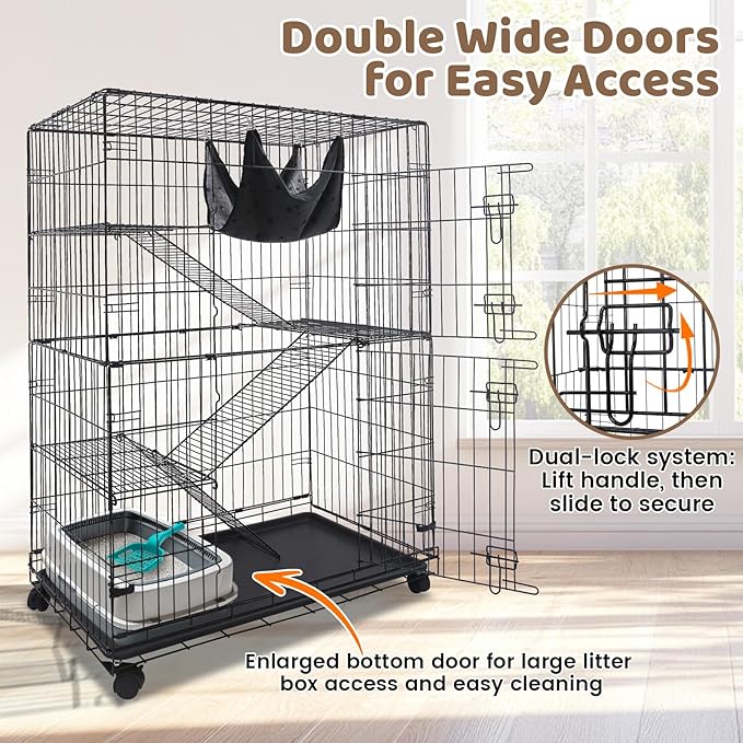 Homey Pet 51 Inch Cat Cages Indoor, Large 4-Tier Cat Crates for Indoor Cats, Collapsible Metal Wire Cat Enclosures Big Kennel for Adult Cats Kitten Kitty with Hammock, Ladders, 360° Wheels